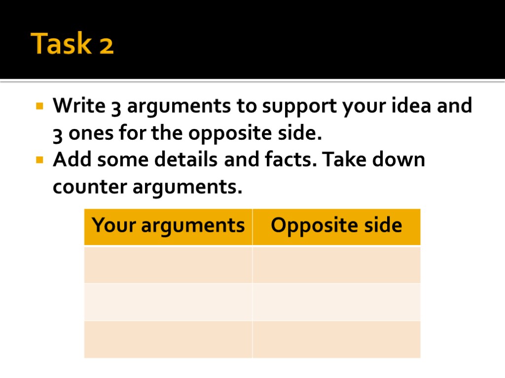 Task 2 Write 3 arguments to support your idea and 3 ones for the